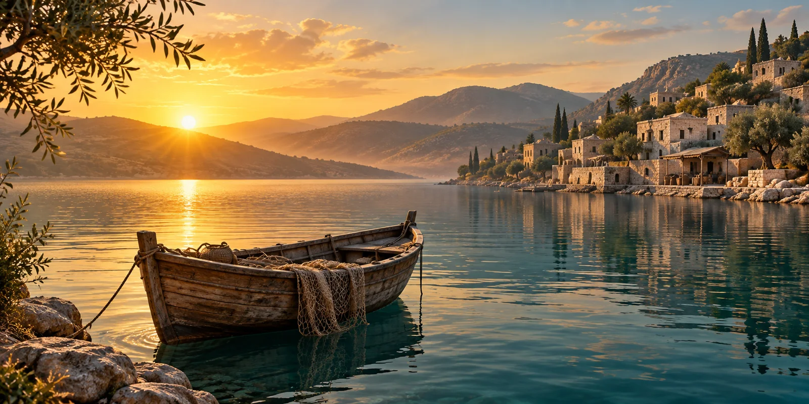Ilustración de una barca en un lago al amanecer, junto a una aldea antigua